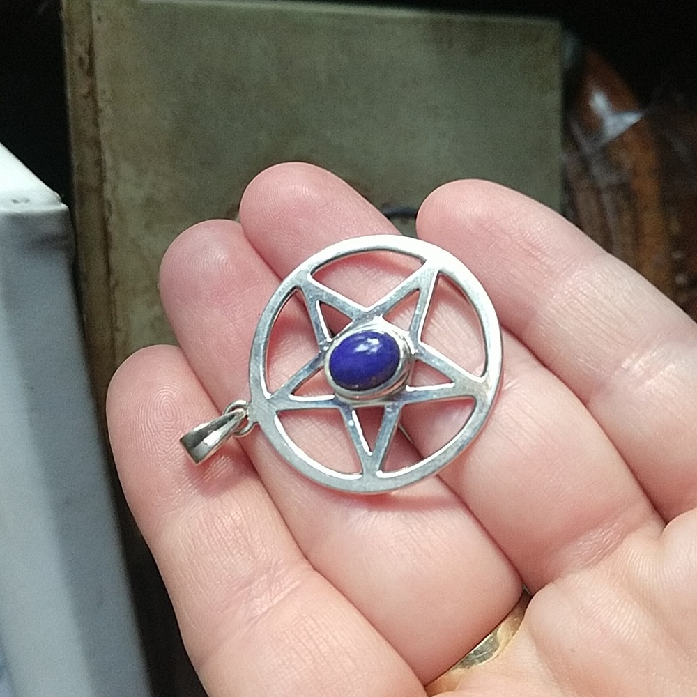Pentagram star circle sterling silver vintage 925 pendant charm lapis lazuli